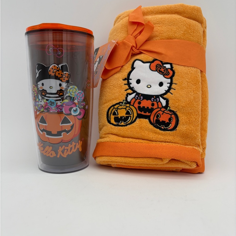 NWOT Hello Kitty Halloween Orange and Black Hand Towels And Water Juice Tumbler